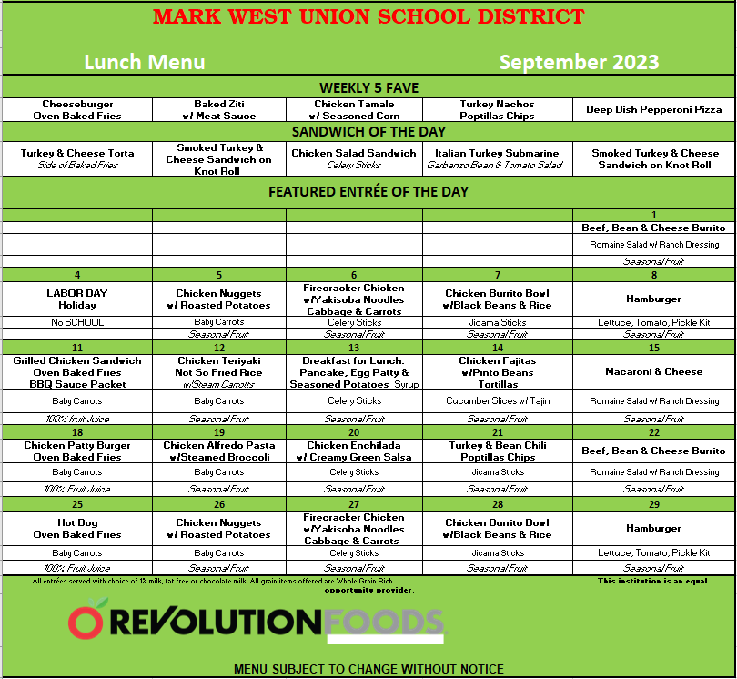 Menus - Mark West Elementary